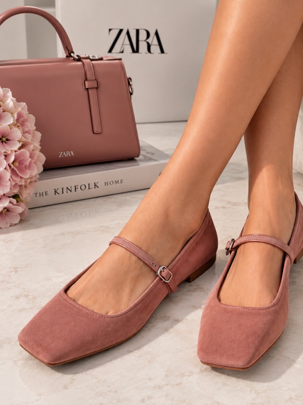 Zara Blush Pink Mary Jane Flats Size 10 Square Toe Buckle